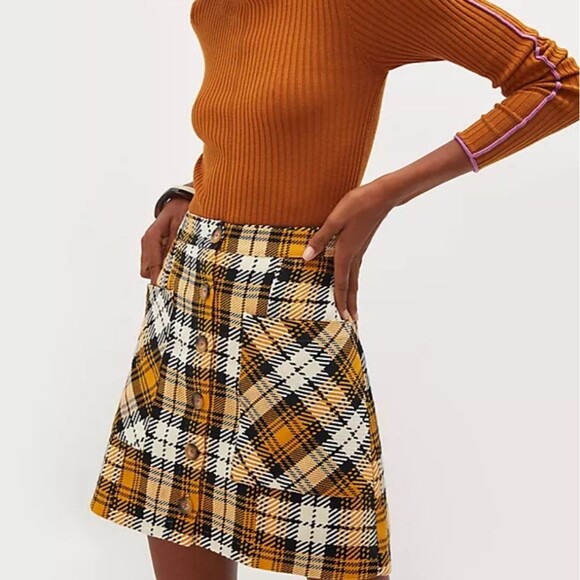 NWT Maeve by Anthropologie Plaid Button Front Mini Skirt Yellow Size 14 - Picture 1 of 10